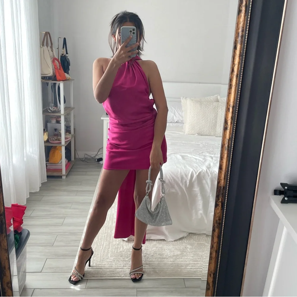 House of CB AIDA Hot Pink Asymmetric Wrap Neck Mini Dress | XS